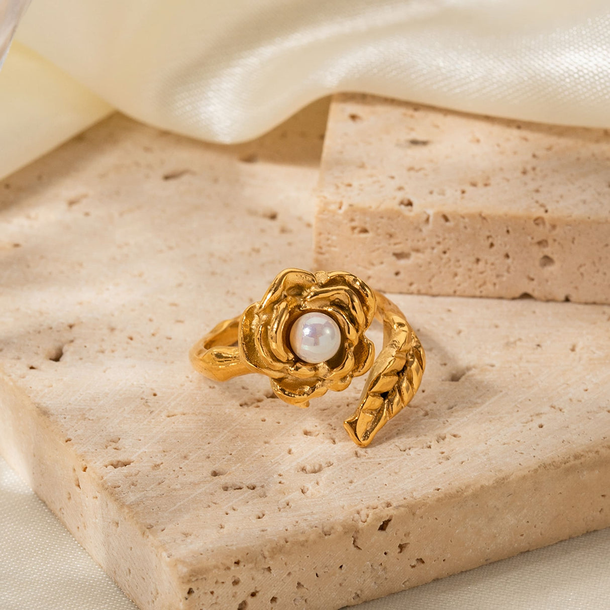 Gold Stainless Camellia Ring with Shellfish Beads