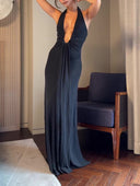 Deep V-Neck Pleated Slim-Fit Maxi Dress