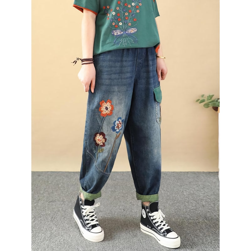 Embroidered Patchwork Ankle-Length Harem Jeans