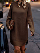 Women's High-Neck Long-Sleeve Slit Knit Dress