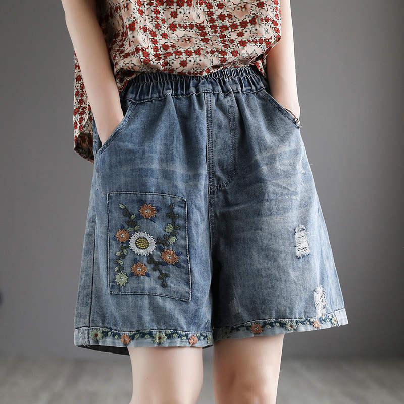 Summer Floral Embroidery High Waist Wide Leg Denim Shorts