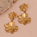 Pendientes colgantes con dos flores bañados en oro de 18 quilates: acero inoxidable resistente al agua y al deslustre