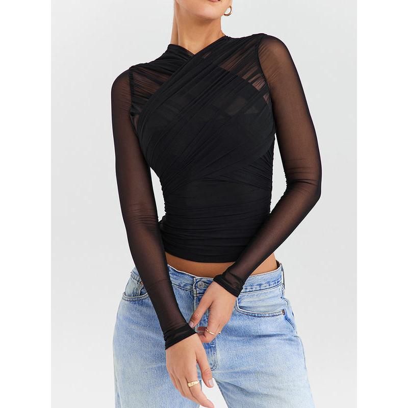 Camiseta sexy de manga larga con cuello en V de malla transparente