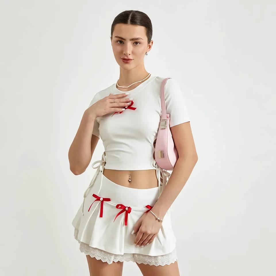 Cute Lace 2-Piece Summer Set Bandage T-Shirt + Mini Skirt