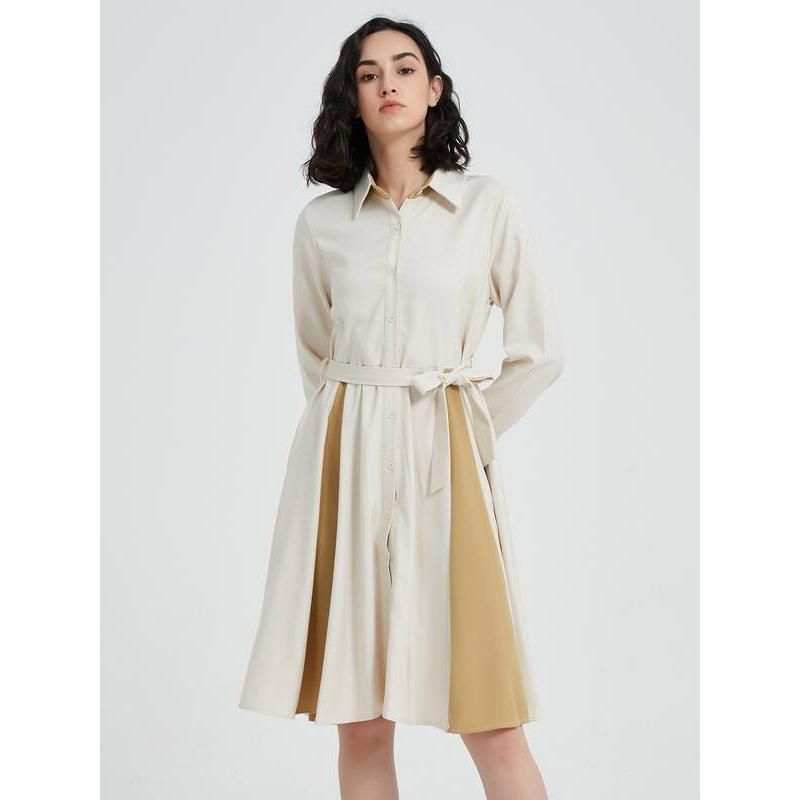 Elegant Beige A-line Long Sleeve Dress with Belt