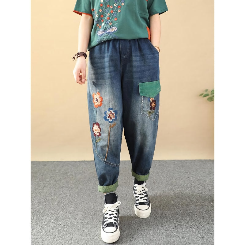 Embroidered Patchwork Ankle-Length Harem Jeans