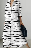 Printed Button-Detail Long-Sleeve Dress