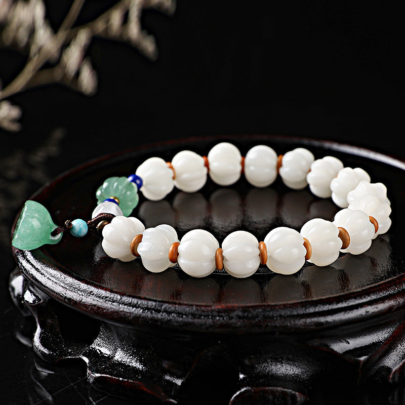 White Bodhi Root Carved Pumpkin Bead Jade Lotus Wenju Bracelet - Dazpy