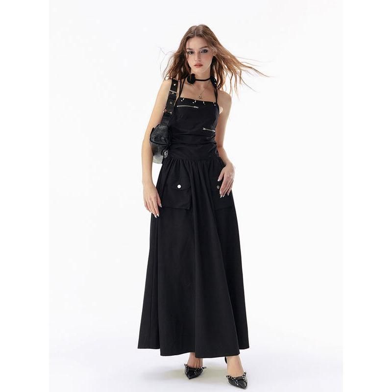 Elegant Basic Solid Black Backless Bandage Maxi Dress with Pockets