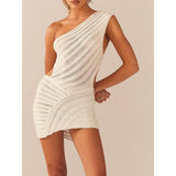 Y2K Crochet Knit One-Shoulder Backless Bodycon Mini Dress - Summer Beach & Streetwear