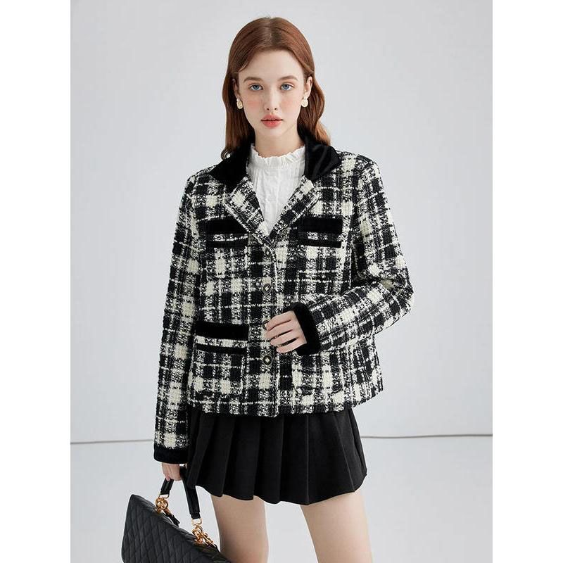 Chic Plaid Contrast Woolen Women's Short Jacket