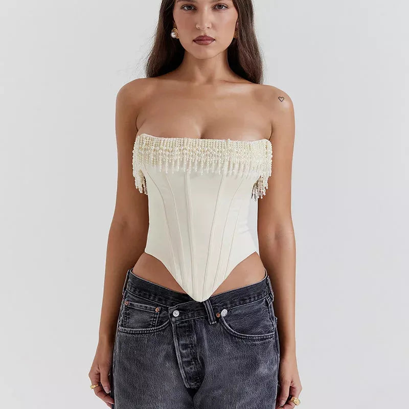 Chic Strapless Beaded Tassel Corset Top