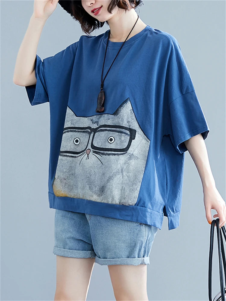 Summer Fashion Cartoon Cat Print T-shirt