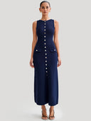 Elegante vestido largo abotonado sin mangas para mujer