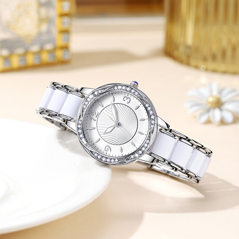 Women's Fashion Simple Ceramic Strap Butterfly Buckle Quartz Watch - Dazpy