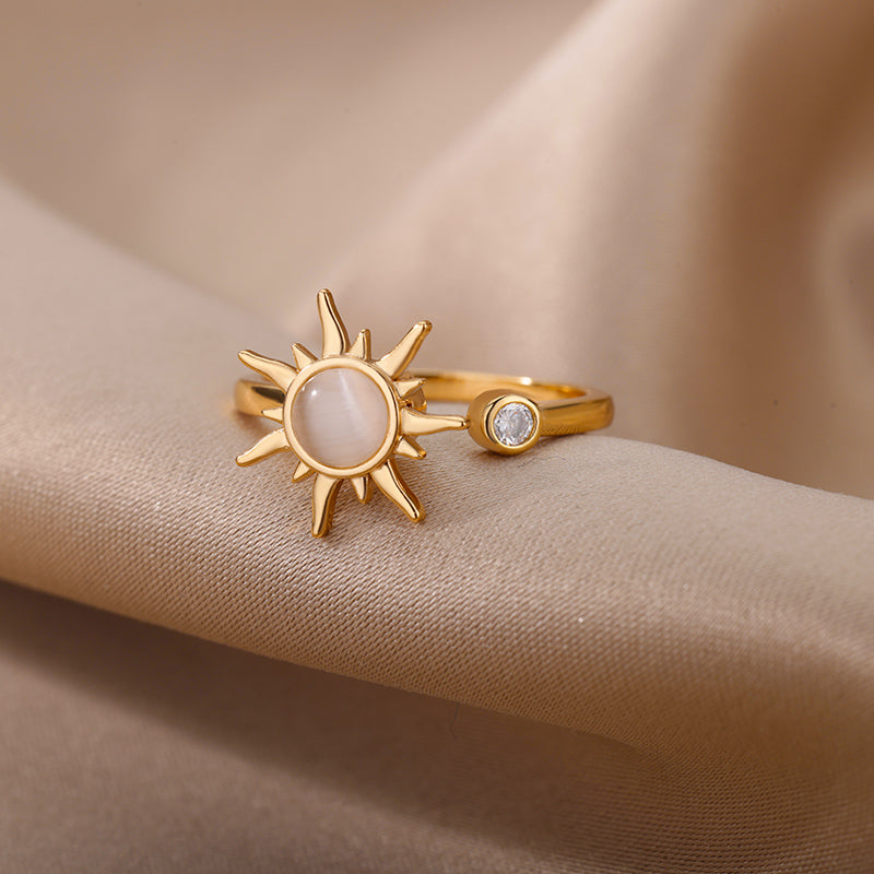 Anillo de sol ajustable de ópalo de acero inoxidable – Encanto geométrico de moda para mujer