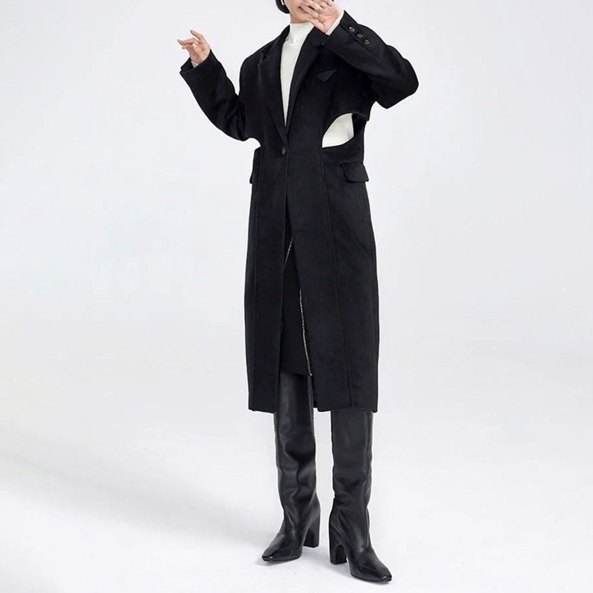 Elegant Woolen Overcoat with Waist Cut-Out