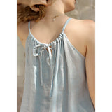 Top corto vintage de lino a rayas azules con cuello halter