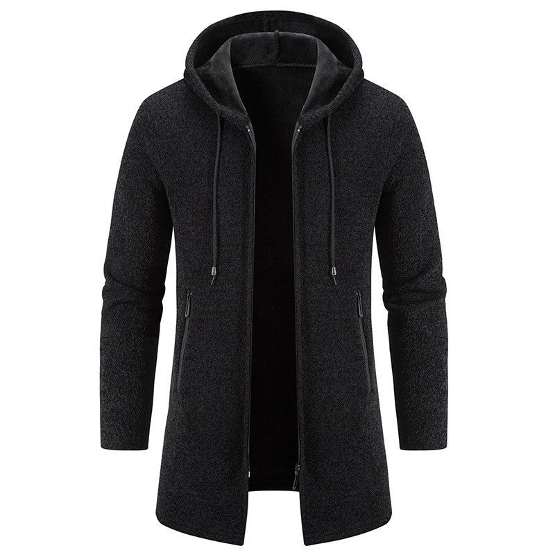 Autumn And Winter Fleece-lined Thickening Trendy Solid Color Men's Cardigan Mid-length Hooded Jacket