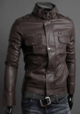 Fashionable Men's Stand Collar Motorcycle Leather Jacket