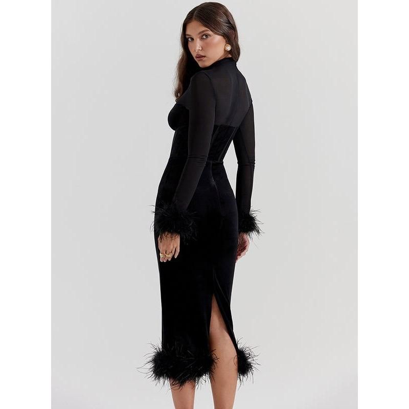 Elegant Feather Trim Backless Bodycon Midi Dress