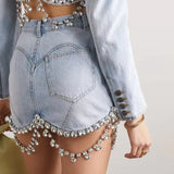 High Waist Diamond Patchwork Denim Mini Skirt with Pockets