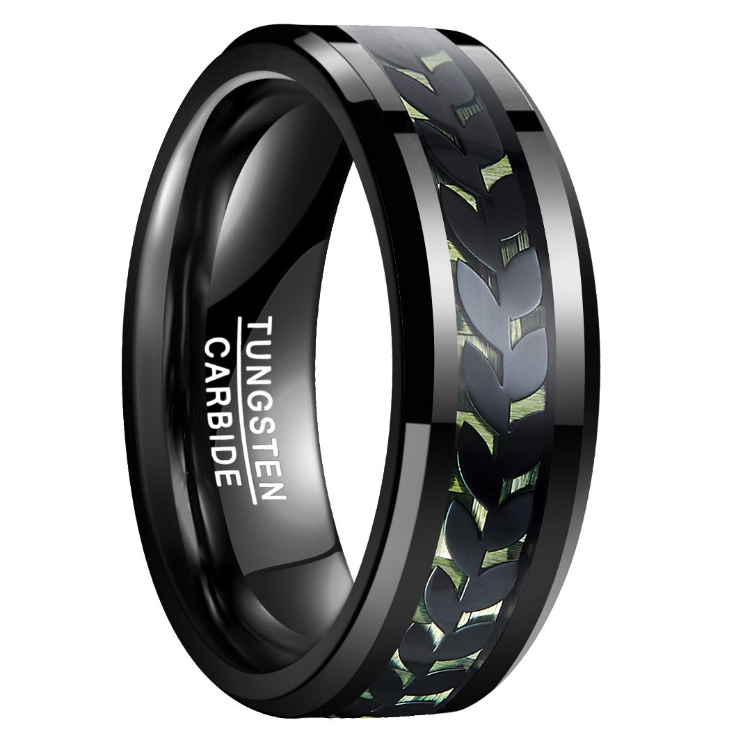 8mm Wide Inlaid Leaves Pattern Green Carbon Fiber Men's Tungsten Ring - Dazpy