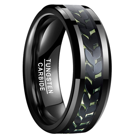 8mm Wide Inlaid Leaves Pattern Green Carbon Fiber Men's Tungsten Ring - Dazpy