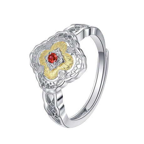 S925 Sterling Silver Gold Petal Ring Elegant Light Luxury Design With Red Zircon All-match Simple - Dazpy