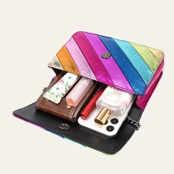 Colorful Striped Flap Handbag with Metal Chain