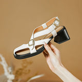 Summer Retro Square Heel Leather Sandals for Women