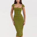 Conjunto de dos piezas de mujer sexy verde: tops de manga corta con cuello cuadrado y conjuntos de falda midi a juego