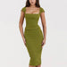 Green Sexy Women Two Piece Set - Square Collar Short Sleeve Tops And Midi Skirt Matching Sets