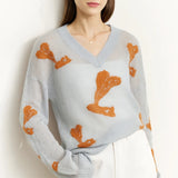 Herbstlicher Jacquard-Pullover aus Mohair mit V-Ausschnitt