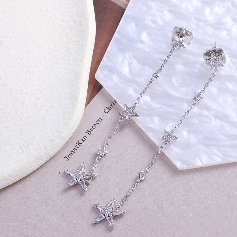 Five-pointed Star Inlaid Zircon Long Chain Earrings - Dazpy