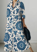 Printed Button-Detail Long-Sleeve Dress