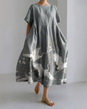 Printed Short-Sleeve Patchwork Midi Dress