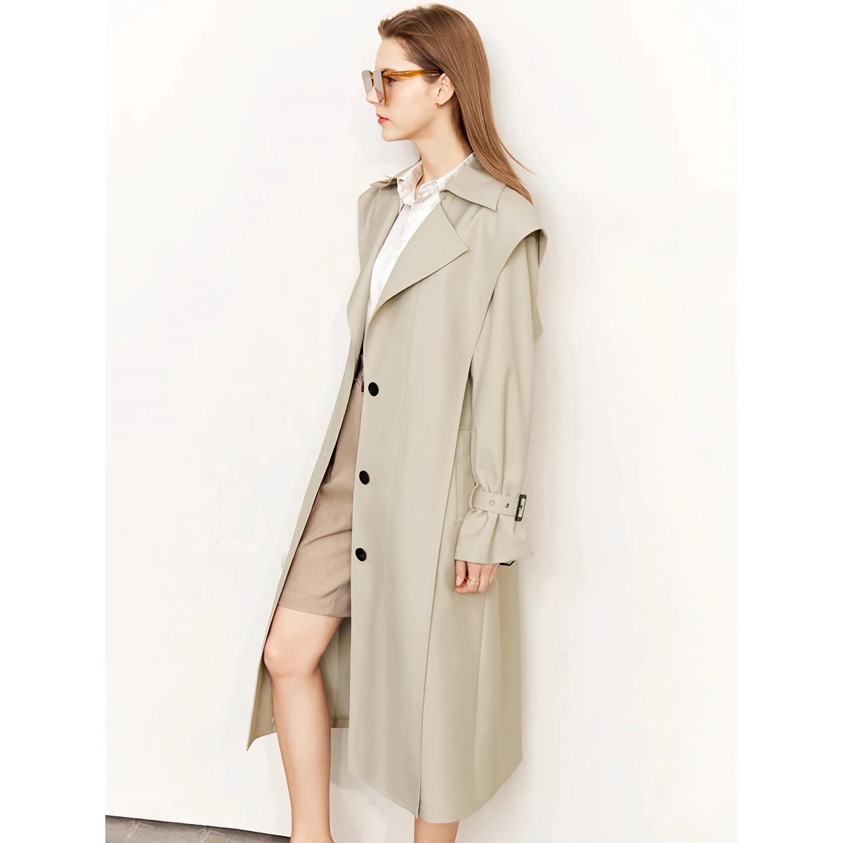 Minimalistischer langer Trenchcoat für Damen – Herbstlicher Umlegekragen, Patchwork, einreihig