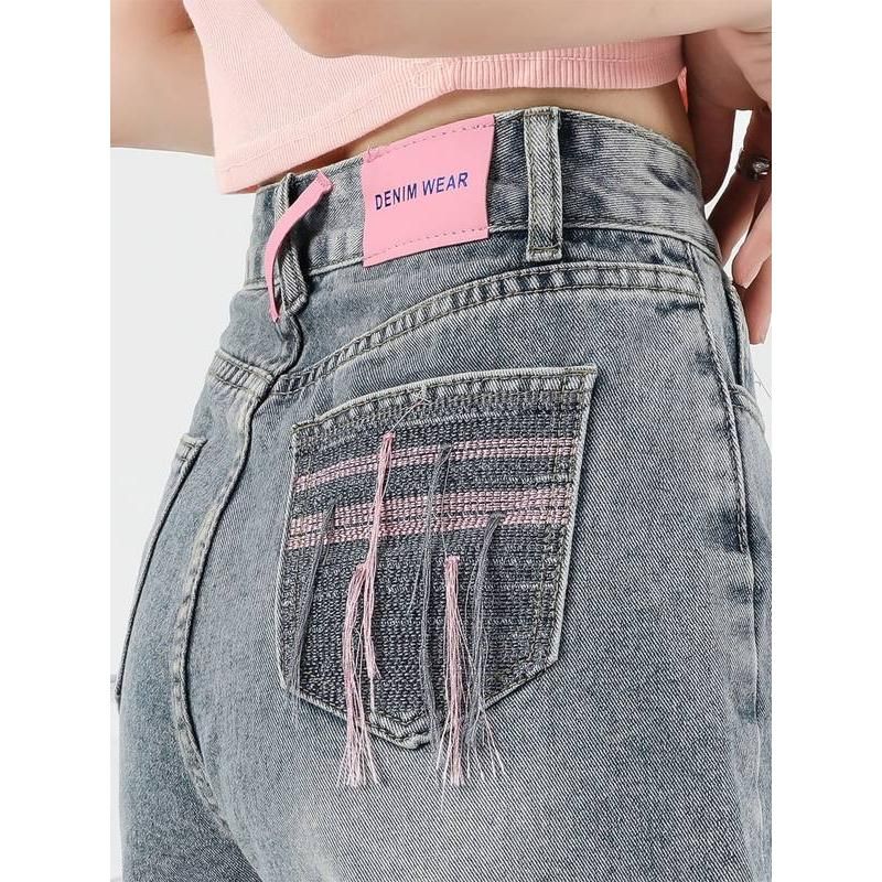 Casual High Waist Embroidery Denim Shorts for Women