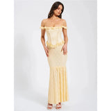 Yellow Satin Off-Shoulder Lace Corset Maxi Dress – Elegant Backless Bodycon Gown for Party