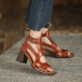 High Heel Gladiator Sandals - Genuine Leather Open Toe Buckle Shoes for Women