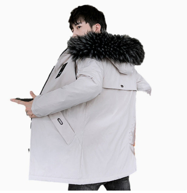 Fleece-lined Hooded Thickened Winter Mid-length Jacket Trench Youth Cotton-padded Men's Coat