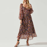 Vestido midi floral boho chic: escote corazón, mangas largas abullonadas, elegante detalle de encaje