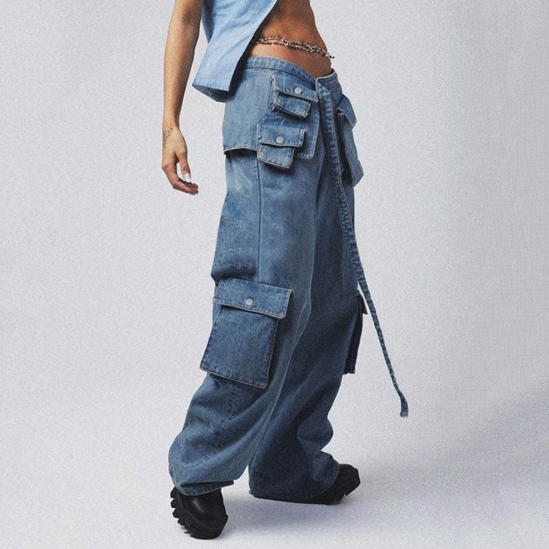 High-Waisted Baggy Jeans with Lace-Up Cargo Pockets