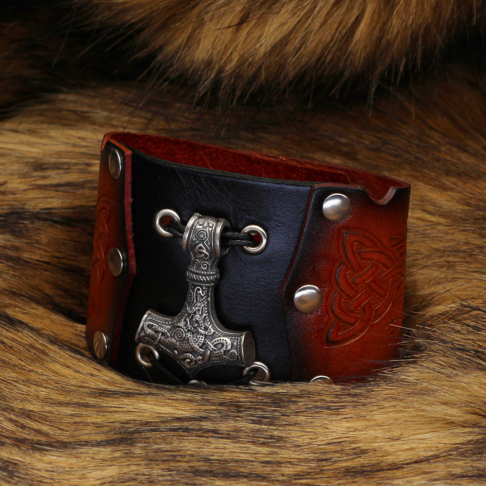 Nordic Viking Thunderbolt Hammer Cowhide Bracelet - Dazpy