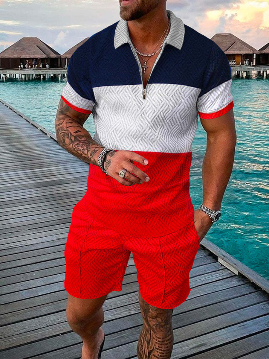 Men's Summer Fashion 3D Printed Short Sleeve Geometric Zip Lapel Shirt Set