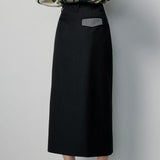 High Waist Slim Fit Black Midi Skirt with Metal Decoration