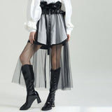 High Waist Black PU Leather Ruffles Mesh Long Elegant Half-body Skirt