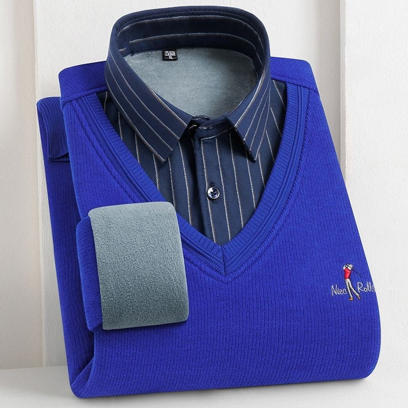 Fleece-lined Thickened Fake Shirt Collar Pullover Leisure Warm Sweater