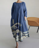 Printed Short-Sleeve Patchwork Midi Dress
